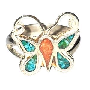 Vtg Sterling Silver Turquoise Chip Native American Zuni Navajo Butterfly Ring 7